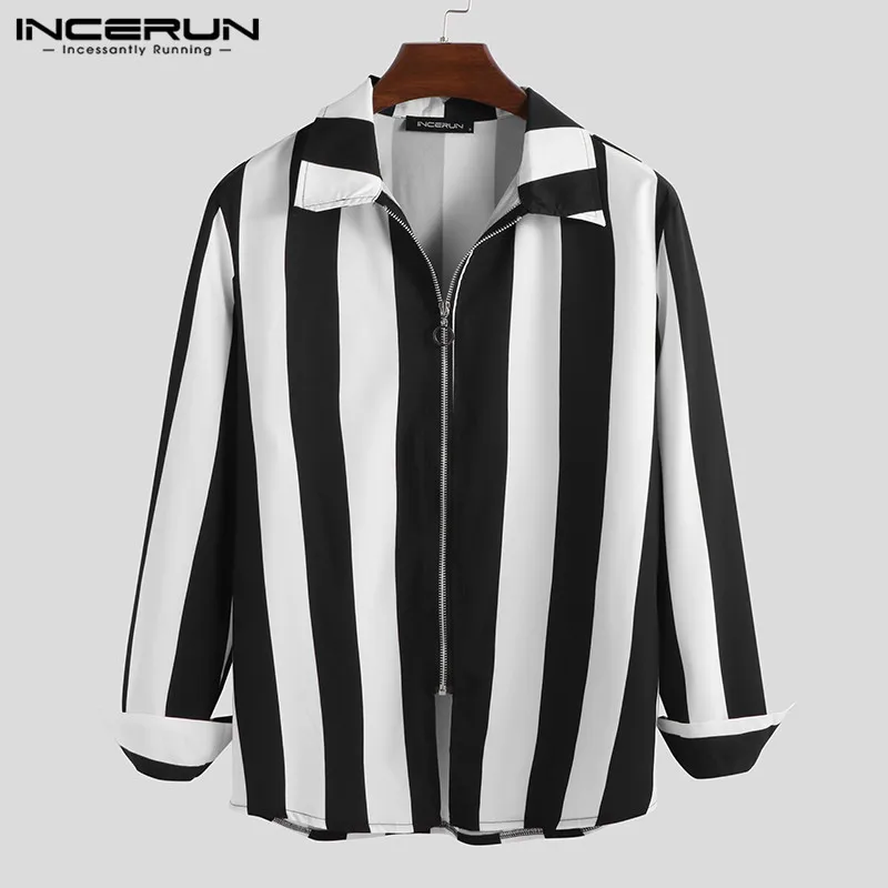 INCERUN Модные полосатые рубашки для мужчин с длинным рукавом на молнии отложным