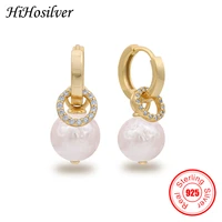 hihosilver crystal cricle baroque pearl real 925 sterling silver drop earrings for woman gold color jewelry girl dangler hh21047
