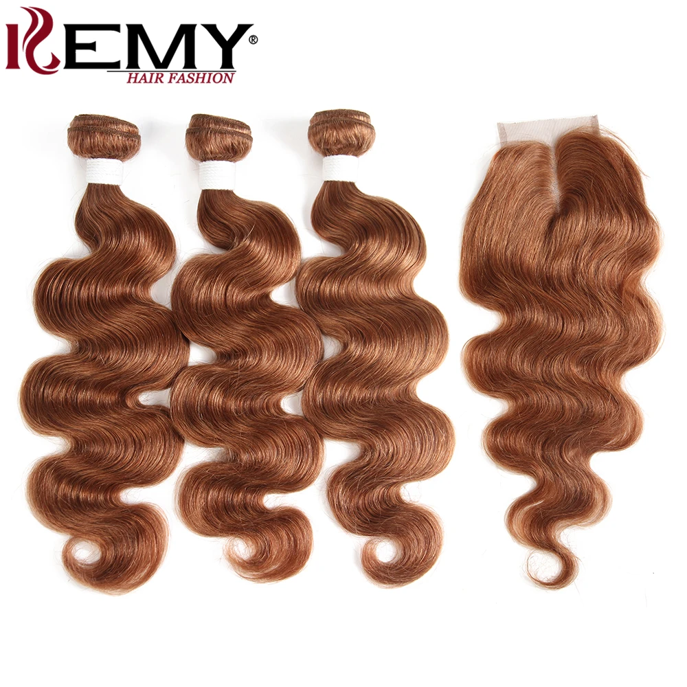 Средний коричневый 4# человеческие волосы пучки с закрытием 4*4 kemy Hair бразильские волнистые человеческие волосы ткет 3 шт не реми волосы