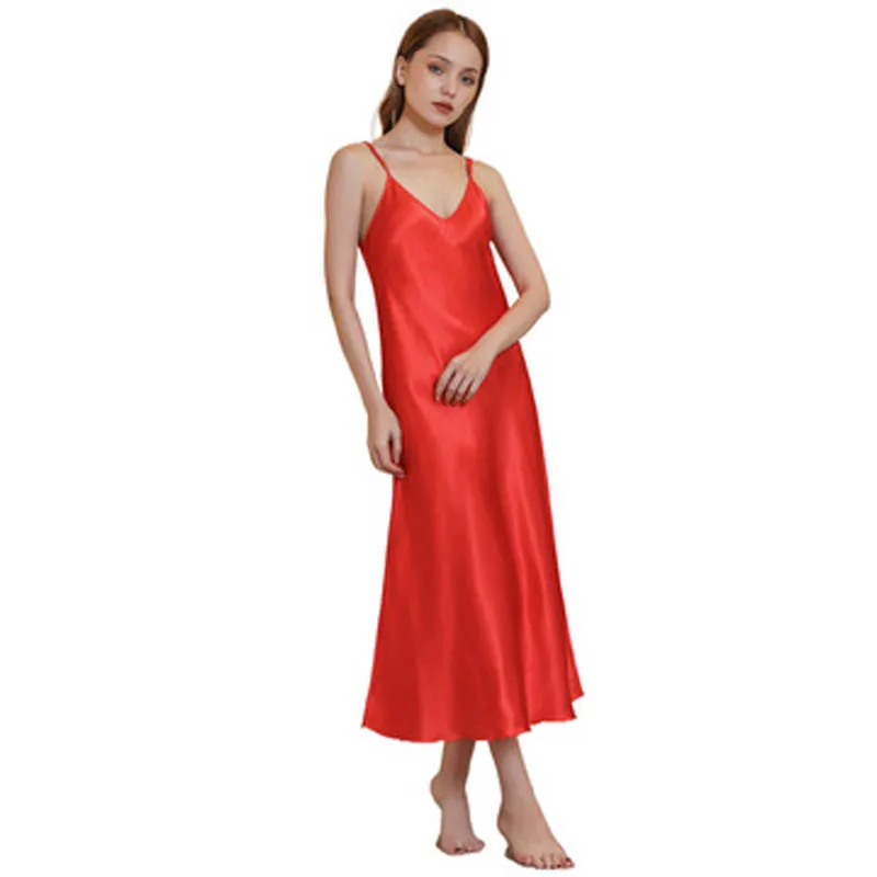 

Medium-Length Slim Sexy V-Neck Suspenders, Soft Smooth Thin Twist Color Ding Silk Nightgown
