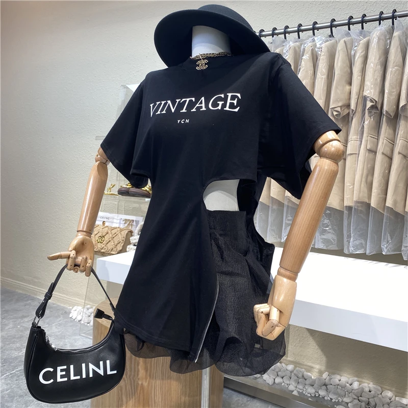 

Niche Design 2021 Simple Lettering Hollowed-out Cotton Short-sleeved T-shirt Top