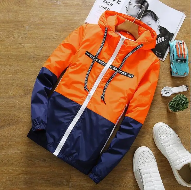 Ветровка мужская Тонкая с капюшоном легкая куртка-бомбер надписью для студентов