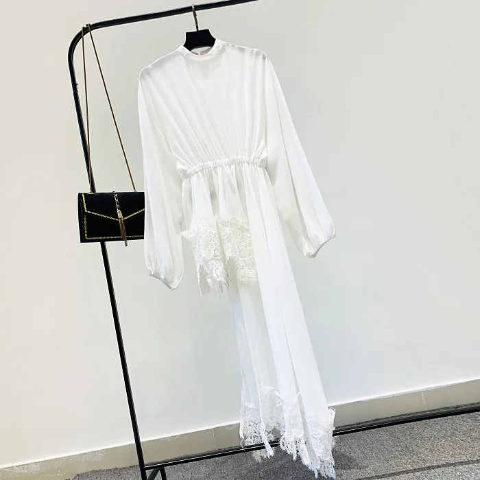 Женская шифоновая кружевная блузка белая Асимметричная с эластичным поясом