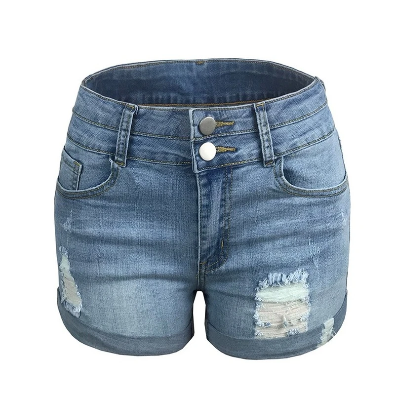

Women Summer New Casual Light Cooked Buttons Pockets Straight Jeans Trendy Hole Hemming Stretch High Waist Denim Shorts Harajuku