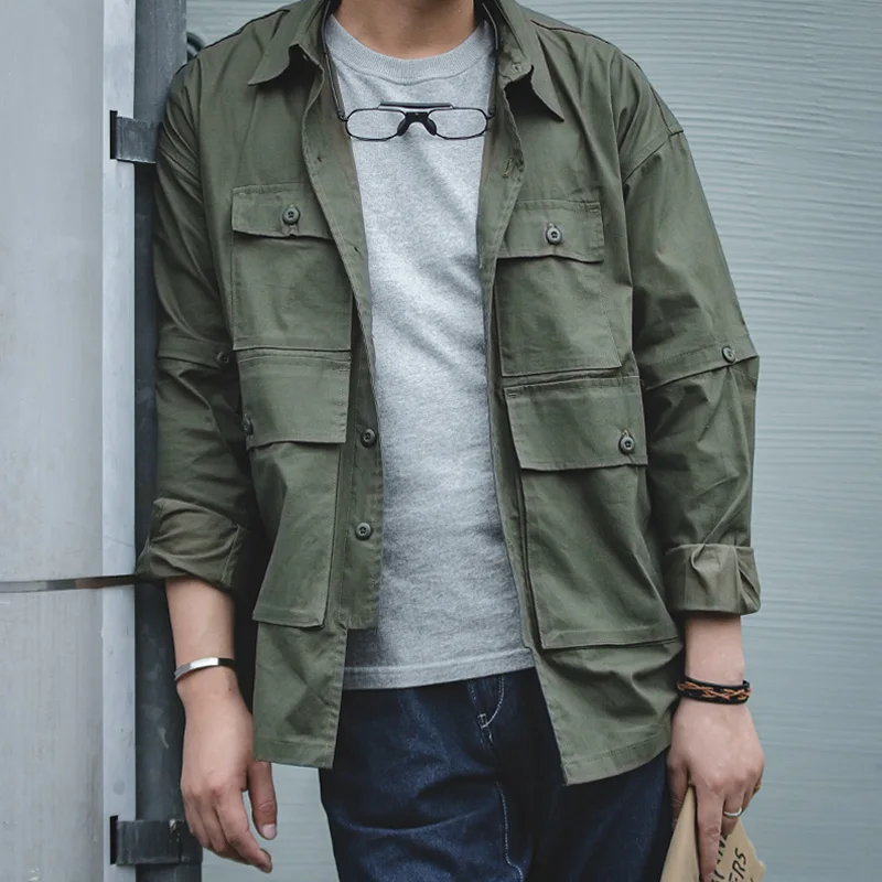 Maden Men's Retro Army Green Detachable Sleeve Shirt Vintage Big Pocket Shirt Men