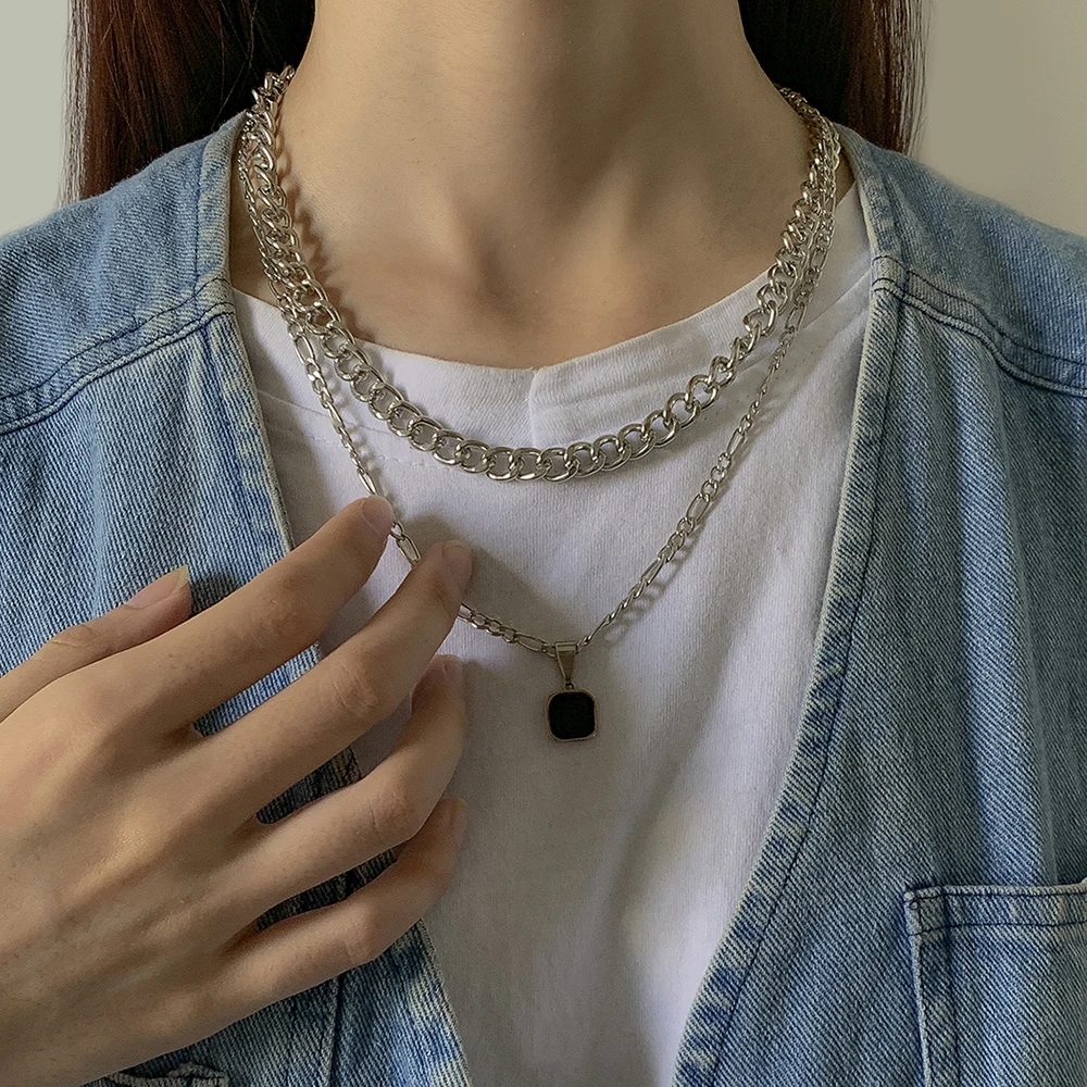 

Lacteo Steampunk Double Layered Clavicle Chain Choker Necklace Jewelry For Women Hip Hop Black Color Rhinestone Pendant Necklace