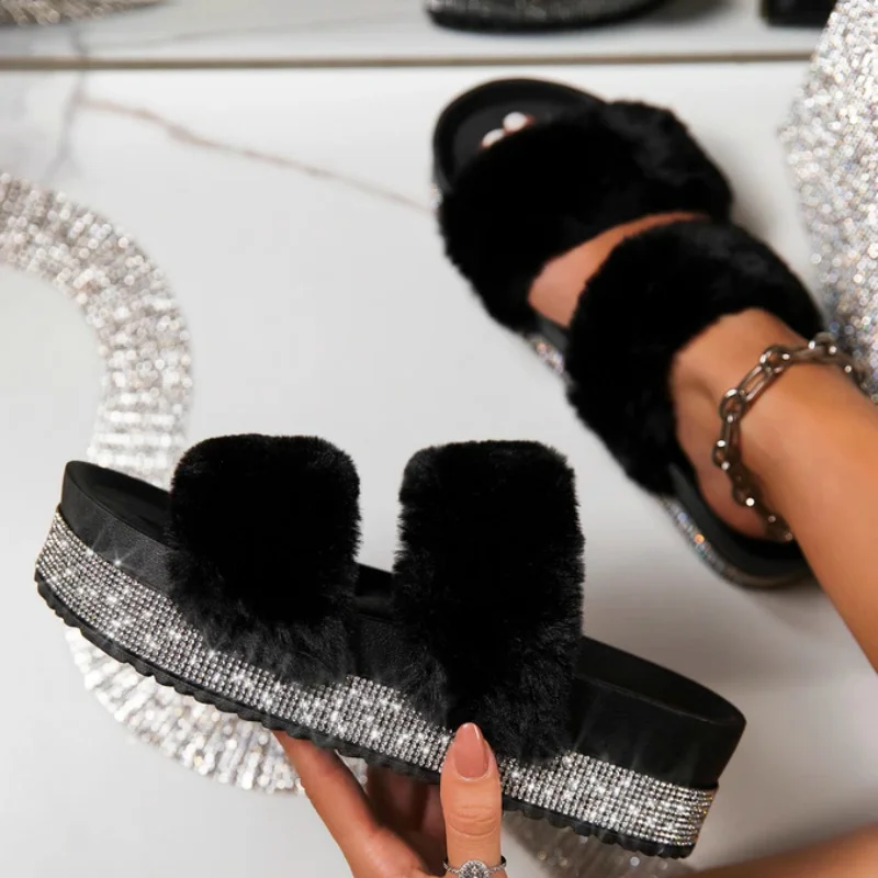 

Women Fur Slippers Rhinestone Wedges Heelplatform Fluffy Soft Furry Slides Outdoor Beach Luxury Sexy Shoes Ladies Female Whosale