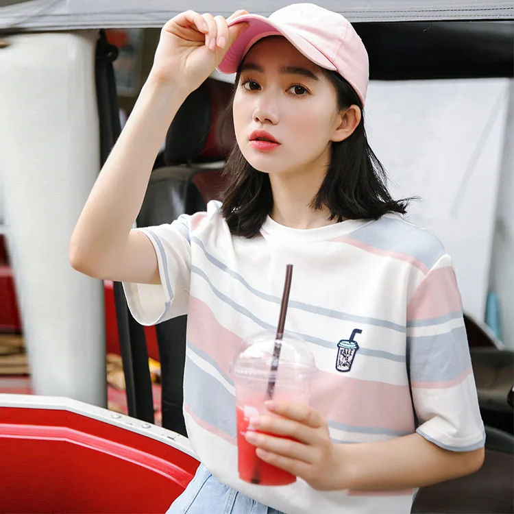 

2020 New Institute Wind Stripe Embroidery Short Sleeve T Shirt Women Summer Casual Loose Tee Shirt Harajuku Femme Tops