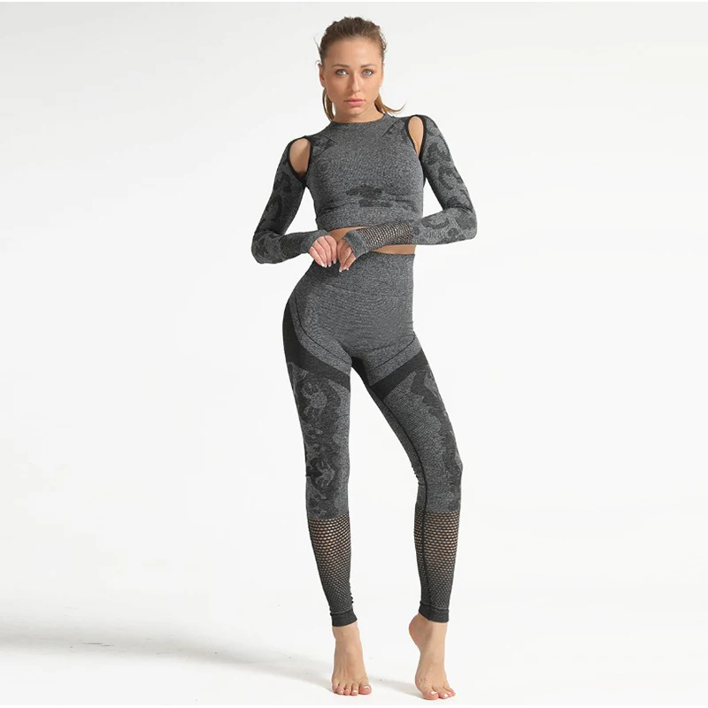 

2020 Camouflage Hollow Yoga Clothing Suit Women Seamless Sports Long-Sleeved Autumn and Winter Warm Yoga Pants Workout Clothes