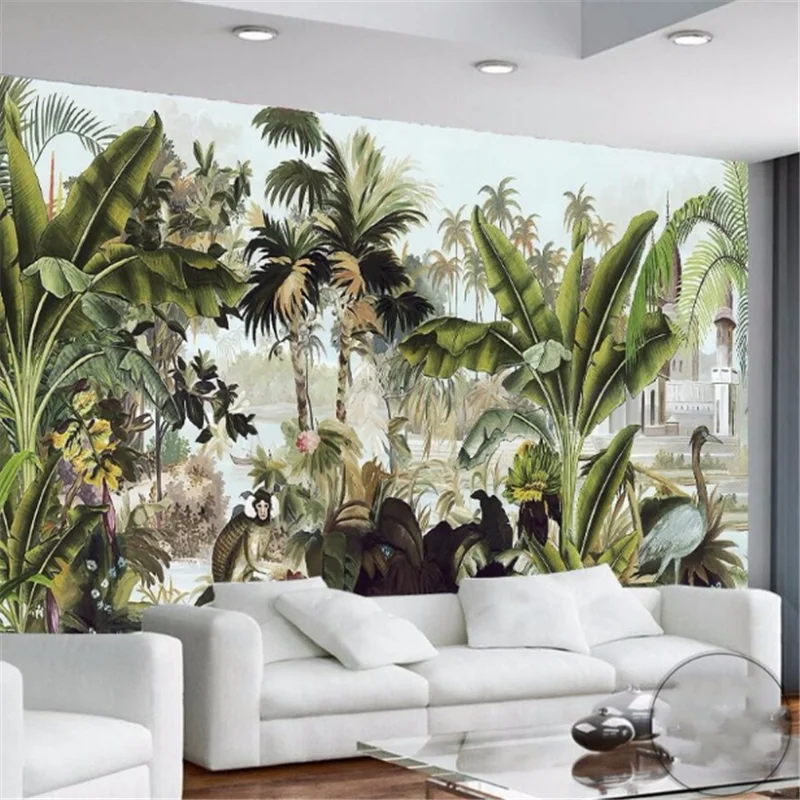 

wellyu Customized large mural green coconut tree tropical rain forest plant living room bedroom background wallpaper