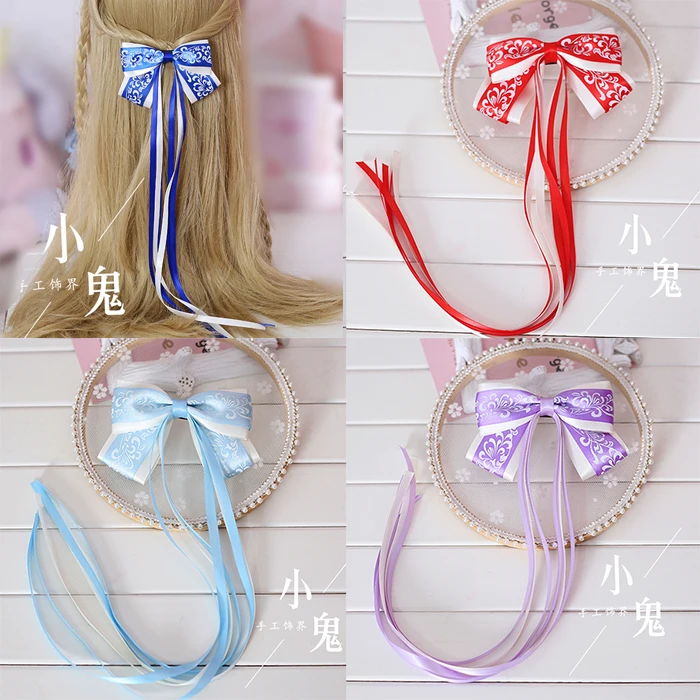 

Handmade blue and white porcelain tassel streamers hairpin Chinese style Hanfu hair accessories bow headdress Cos performance
