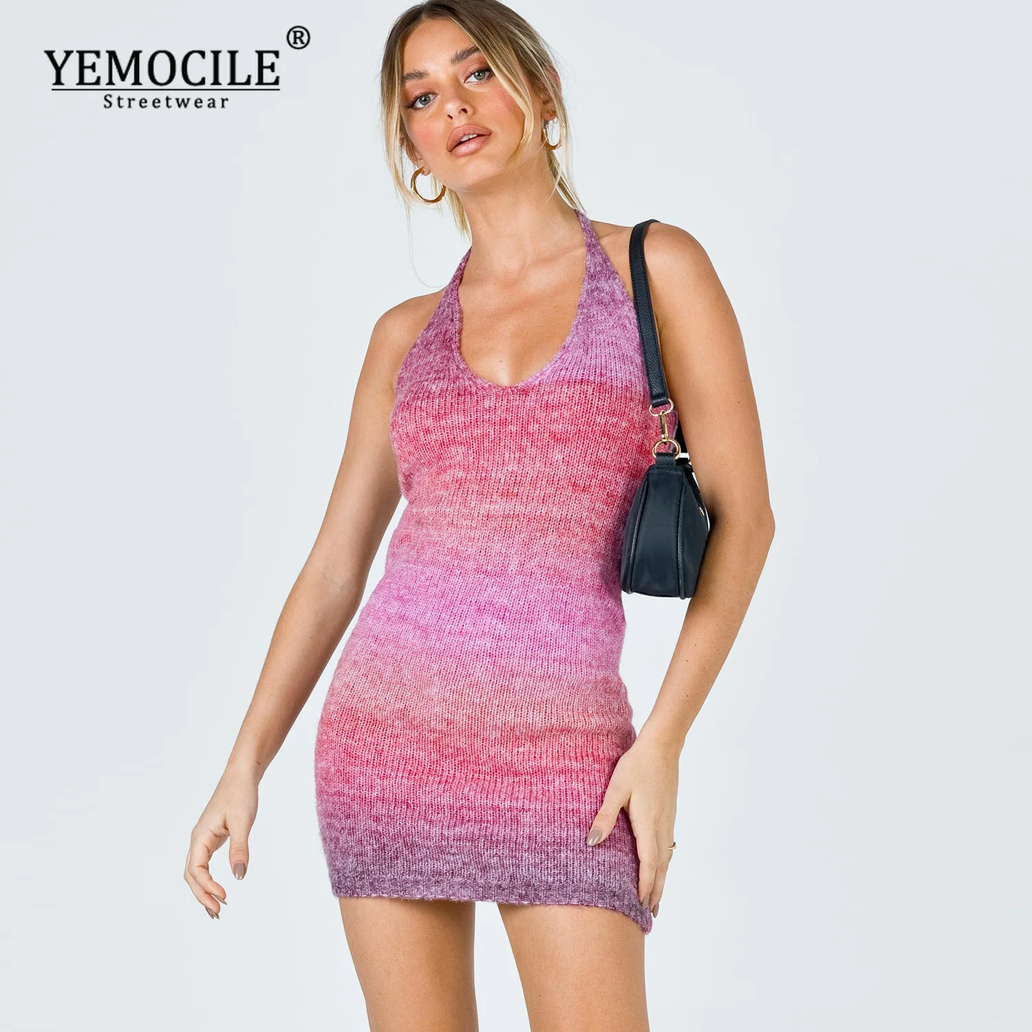 

Rainbow Summer 2021 Knitted Dress for Women Sexy Backless Sleeveless Halter Mini Dresses Bodycon Beachwear Outfit