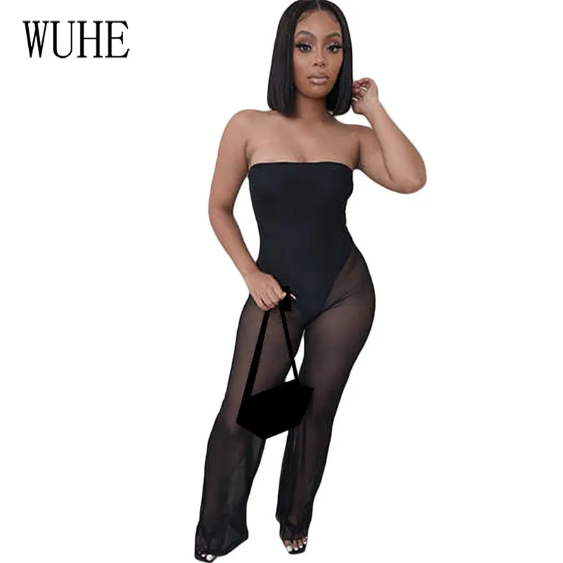 

YEYA Strapless Summer Jumpsuits Women Sleeveless White Mesh See Through Boot Cut Jumpsuits Sexy Night Club One Piece Set