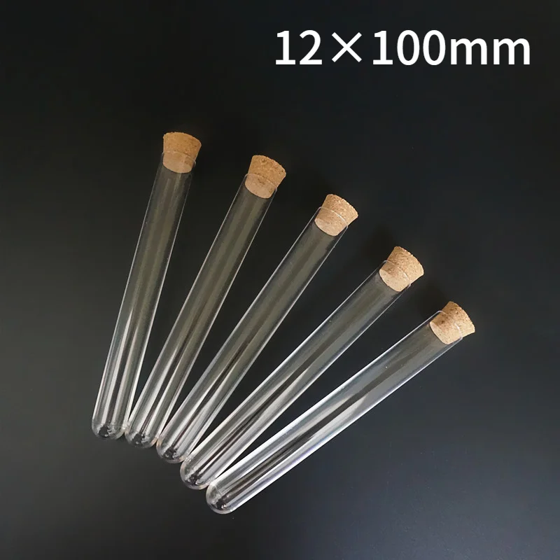 

50pcs 100pcs 200pcs 400pcs 12x100mm Plastic Test Tube with Cork Stopper Round Bottom School Laboratory Educational Supplies