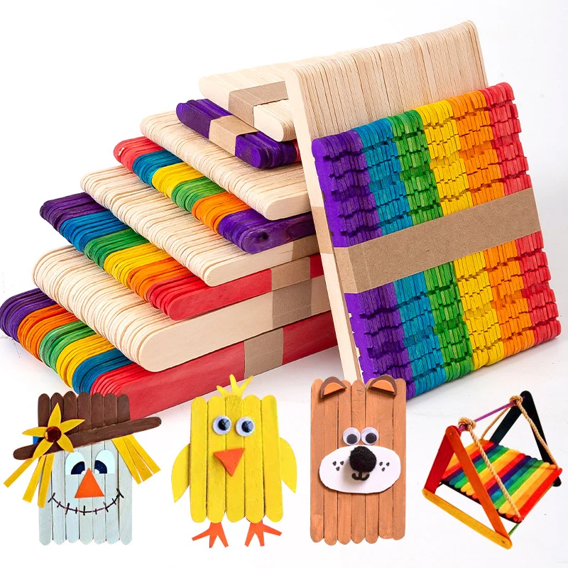 

Rainbow Colors Montessori Hand Crafts 50pcs DIY Wooden Sticks Popsicle Ice Cream Stick Art Creative Educational Toy for Children