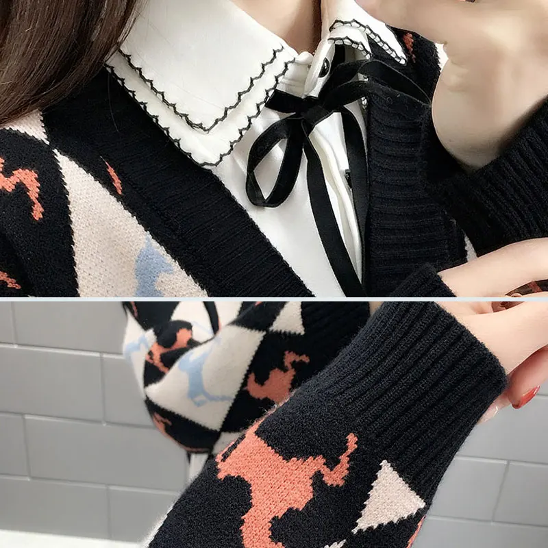 2019 New Spring Autumn Female Loose Student Sweater Cardigan Lattice Printed Single Breasted Color matching Knitting Women SS513 |