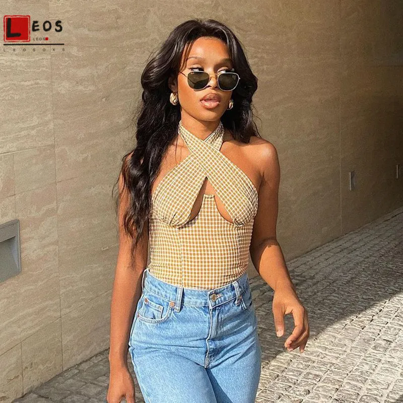 В клетку с перекрещивающимися бретельками без рукавов Сексуальная Для женщин