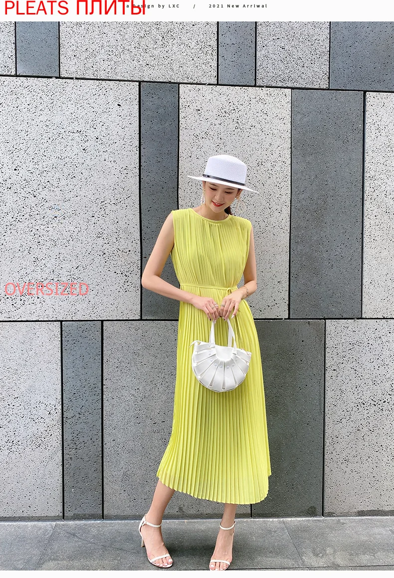 Miyake Pleated Dress High Waist Temperament Commuter Long Dress Solid Color Fashion Sleeveless Lace-up A-line Dress Elegant