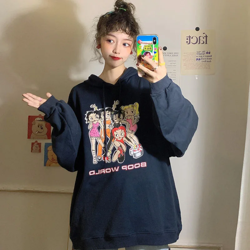 

Autumn New Hooded Sweater Women Top Sweet Girls Cotton College Style Long Loose Hooded Pullover Japanese Cartoon Crop Sweatshirt