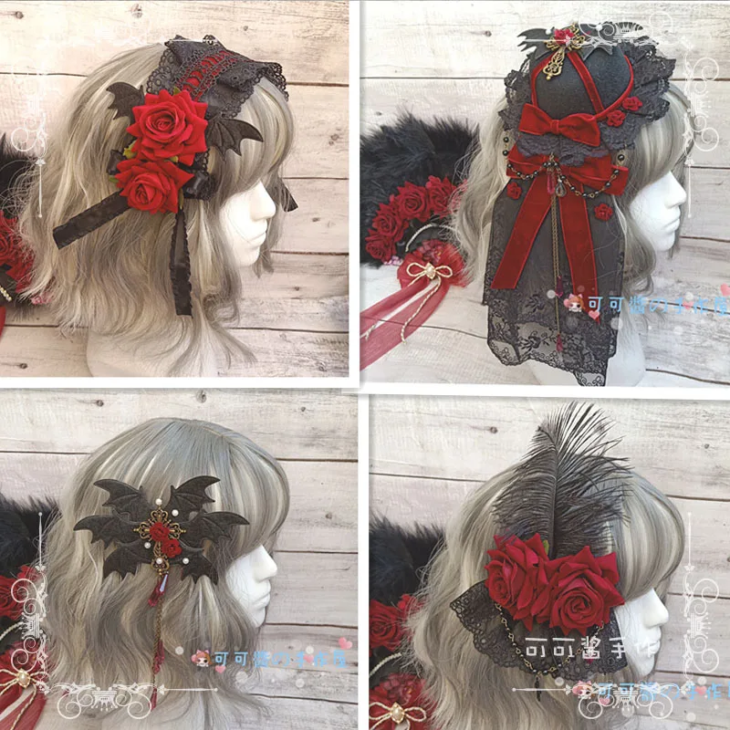 

Handmade Dark Gothic kill rose Barrettes Halloween Lolita Girl Hard Headdress Lace KC Bowler Hat