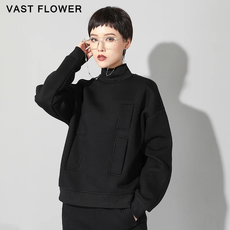 Женская водолазка с длинным рукавом черная Свободная Повседневная футболка