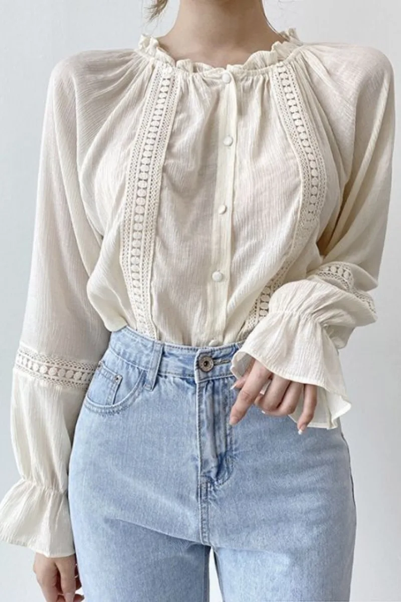 

Autumn Korean chic Women clothes Ruffled collar lace top New fashion Flare sleeve Hollow out Blouse shirt
