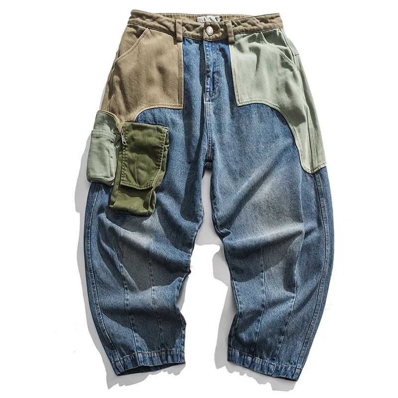 Patchwork Aolamegs Jeans Men Multi-Pocket Denim Pants Beggar Style Japanese Retro Jeans Autumn High Street Casual Men Streetwear