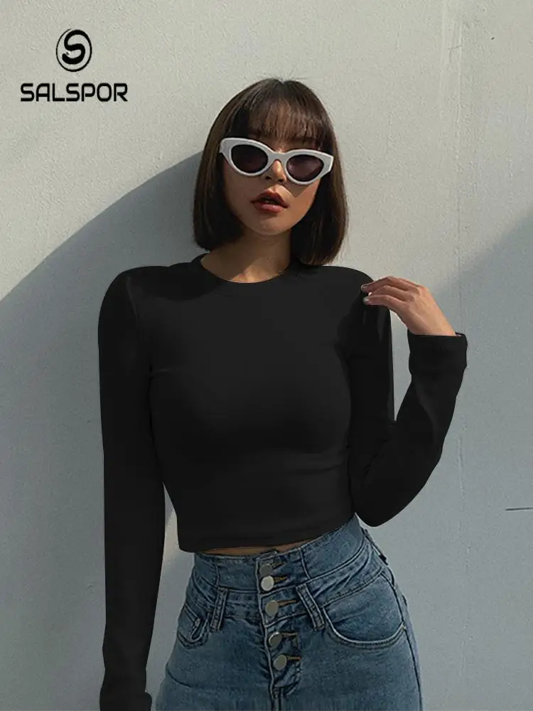 Женская облегающая футболка SALAPOR с длинным рукавом короткая укороченная черная