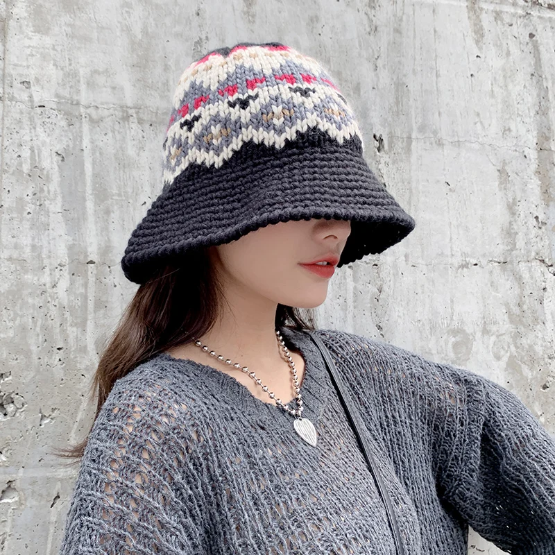 H3581 Winter Bucket Hat Female Korean Knitted Fisherman Cap Fall Warm Shopping Outdoor Casual Japanese Simple Fashion Girl Hats