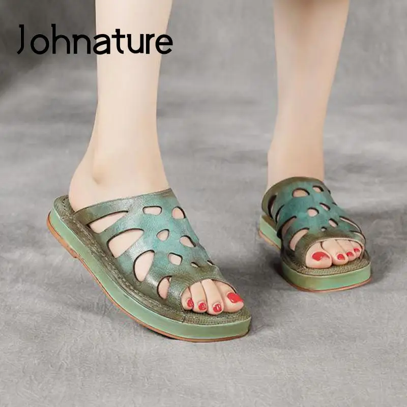 

Johnature Genuine Leather Summer Slippers Women Shoes Flat With 2022 New Outside Slides Concise Handmade Sewing Ladies Slippers