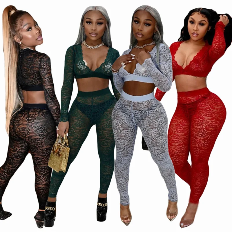 

Women Lace See Through 2 Two Piece Set Sexy Party Clubwear V-Neck Long Sleeve Crop Tank Top and Pants Outfits Matching Tracksuit
