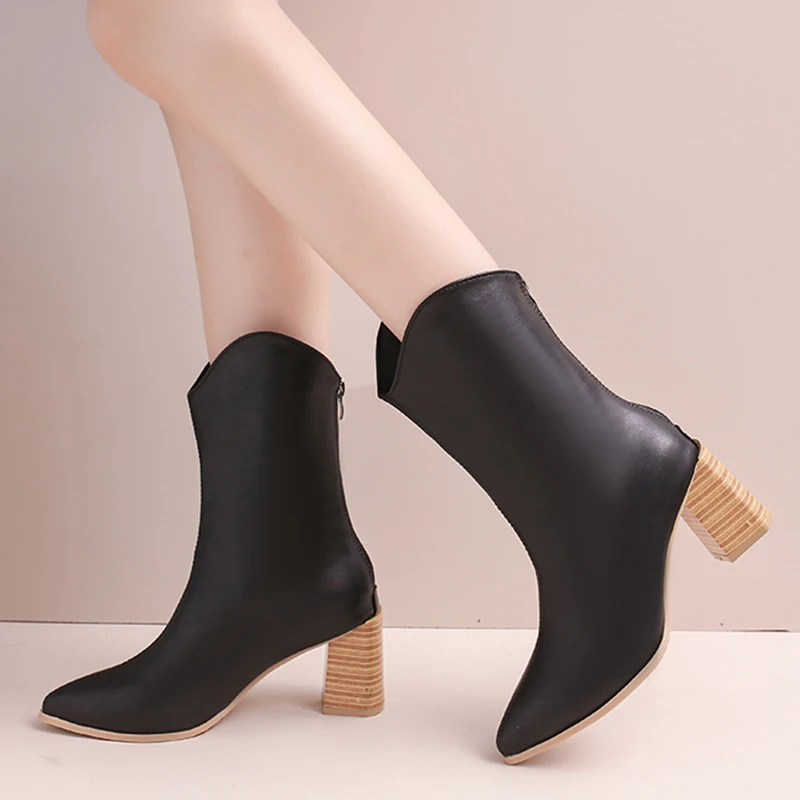 

Женские ботильоны из искусственной кожи на толстом высоком каблуке с острым носком