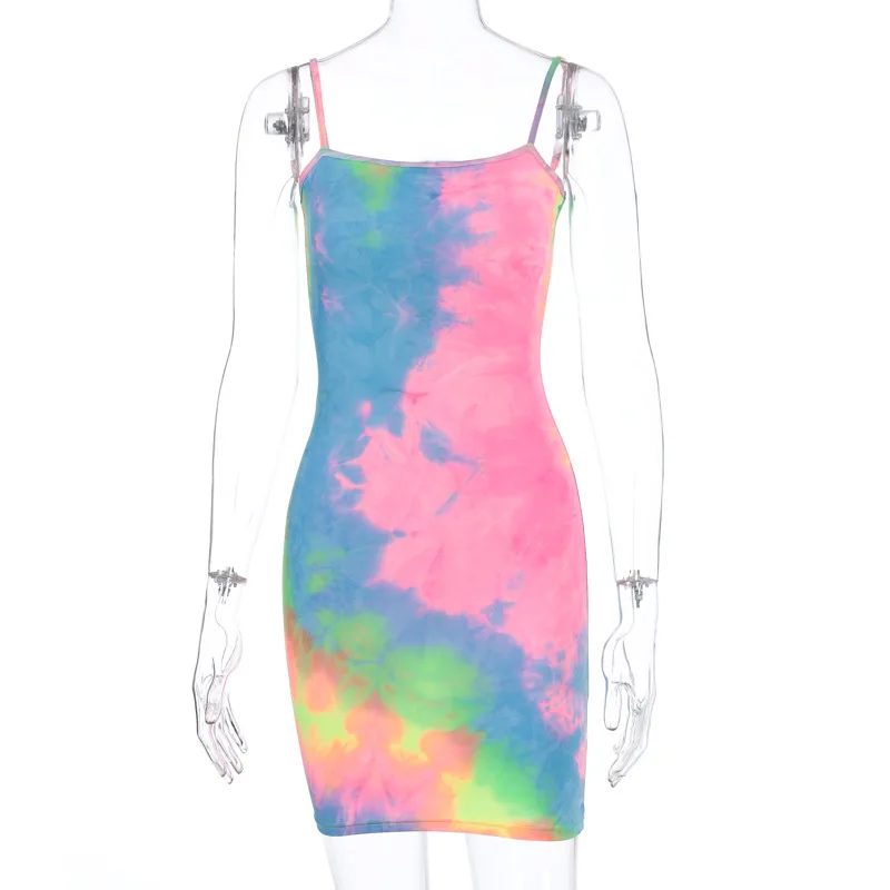 

tie dye print colorful spaghetti straps sexy bodycon mini dress 2021 summer women fashion club party streetwear