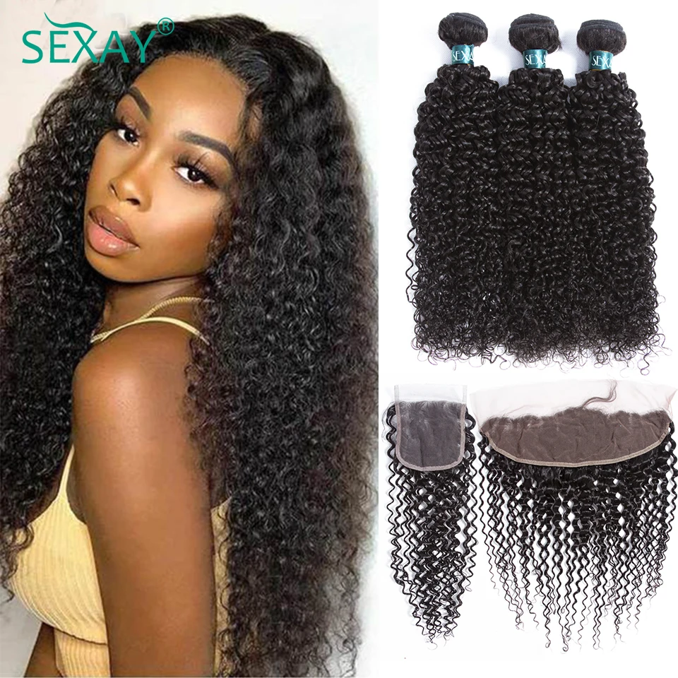 

Sexay Kinky Curly Bundles With Closure 3/4 Pcs And 13x4 Lace Frontals 32" Malaysian Jerry Curly Human Hair Closures With Bundles