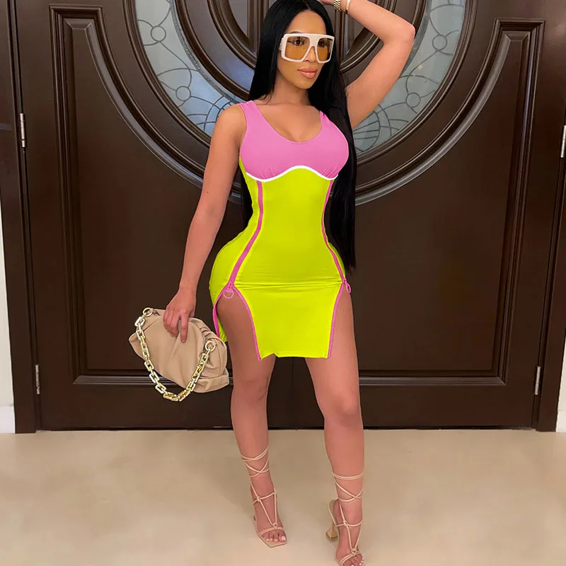 

Соблазнительные Лоскутные облегающие мини-платья для женщин, элегантное Клубное летнее платье без рукавов с боковой молнией и разрезом, пл...