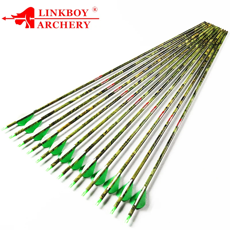 6pcs Linkboy Archery Carbon Arrows CAMO GREEN Spine 300 340 400 500 600 ID6.2mm 75gr Tips Compound Traditional Bow Hunting