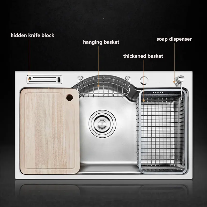 multifunctional kitchen sink stainless steel 1 3 mm thickness brushed single bowl with basket kitchen sinks 78x48cm free global shipping