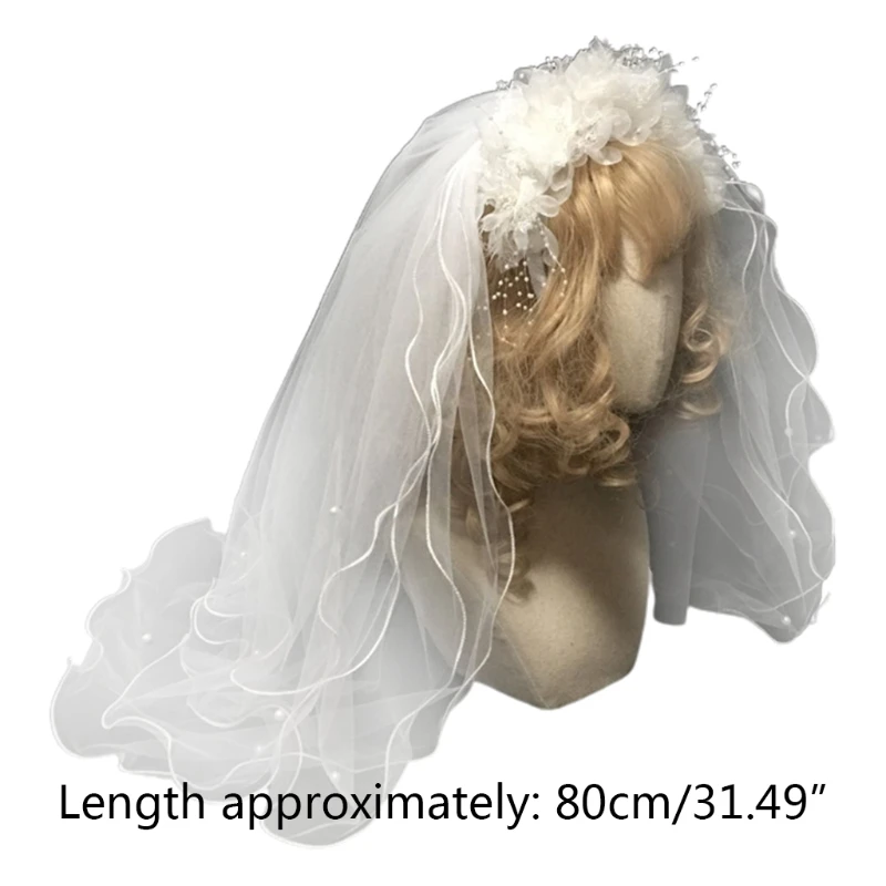 

Bride Multi Layer Wedding Veil Headband White Flower Pearl Beading Hair Hoop