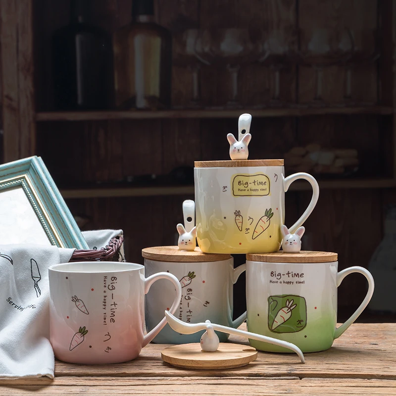 

Lovely Rabbit Originality Coffee Mugs Gradual Change Color Cartoon Ceramics Latte Milk Fruit Juice Tea Cups with Cover Spoon