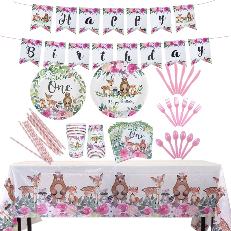 

Wild One Disposable Paper Plate Cup Banner Tablecloth Straw DIY Forest Animal Themed Birthday Home Party Decor Kitchen Supplies