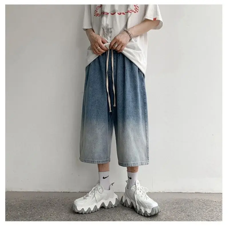 

Chinese Style Men's Denim Gradient Color Cropped Trousers Men's Summer Loose Plus Size Bloomers Wide Leg Harem Casual Pants