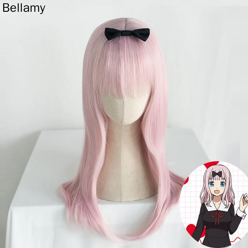 

Kagura-sama Love is War Fujiwara Chika Cosplay Wig 50cm Blunt Bangs Wavy Light pink Hair Matte Synthetic Heat Resistant Fiber