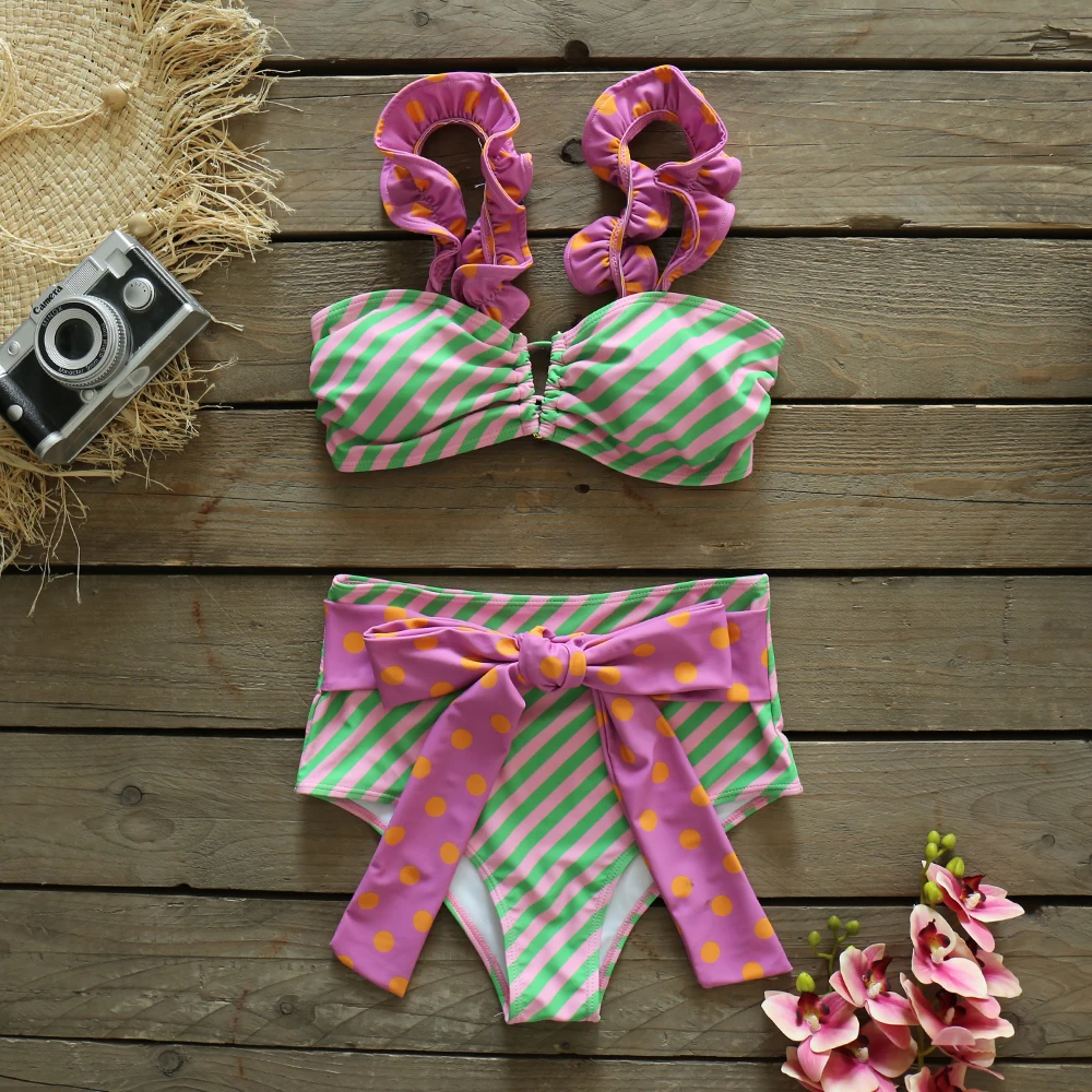 2021 New Sexy Bikinis Women High Waist Swimsuit Push Up Swimwear Flower Print Ruffle Bikini Set Beach Wear Bathing Suit