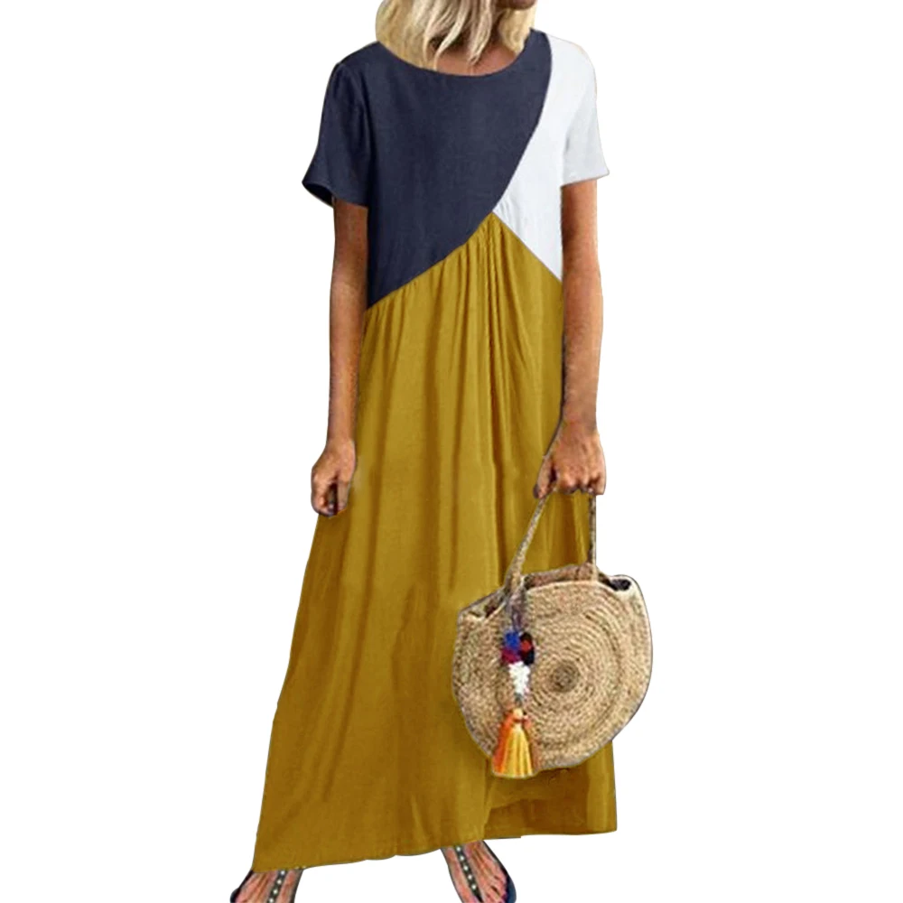 Новинка 2019 женское модное платье с коротким рукавом и круглым вырезом Длинное