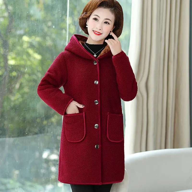 

New Winter Coat Middle-aged and Elderly Women's Jackets Korean Mid-Long Hooded Single-breasted Plush Thick Warm Overcoat