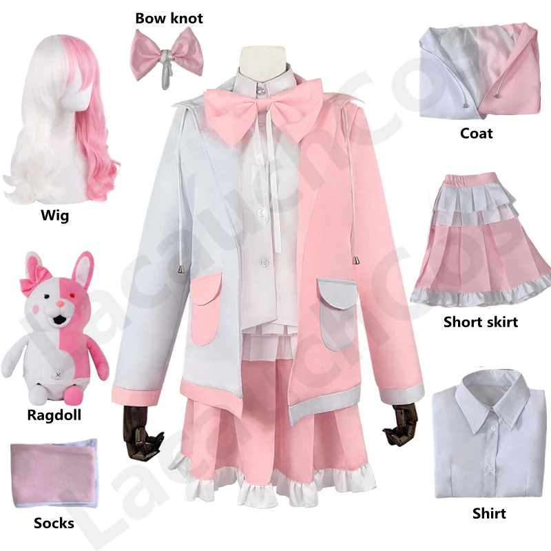 New Dangan Ronpa Monomi Cosplay Costume Pink Long Wig Bear Toy Danganronpa Monokuma JKUniform Hooded Jacket Girl Skirt Set Shirt |