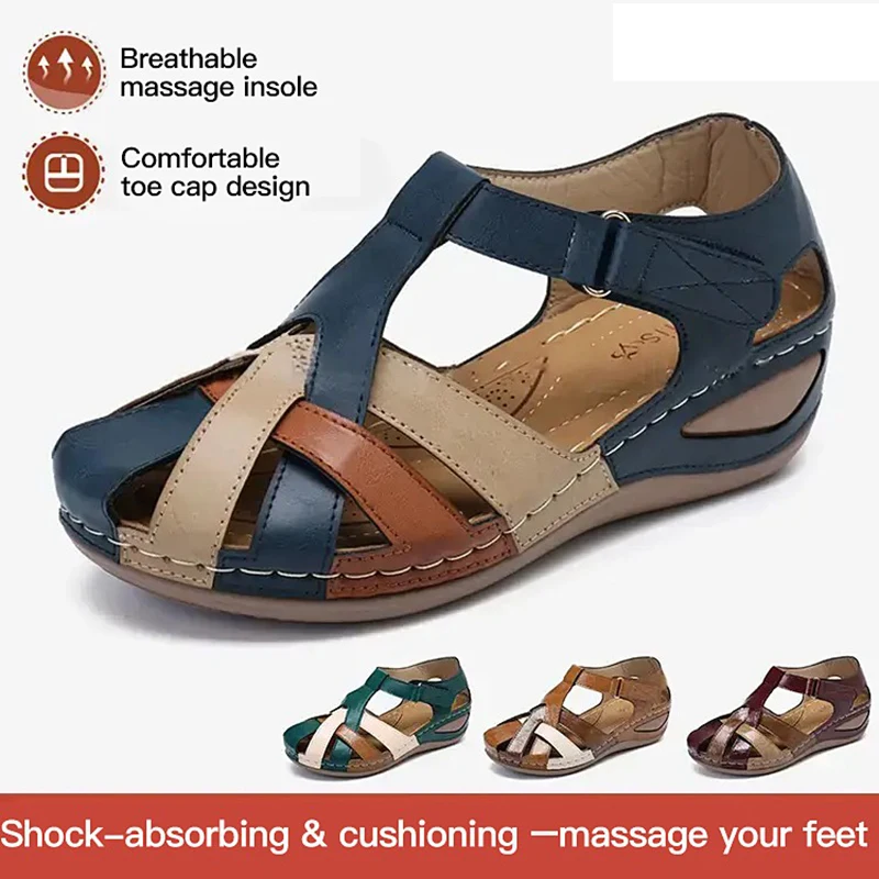 

Women's Sandals Wedges Heel Flat Hook and Loop Sandals with Cross Strap Beach Sandal FK88