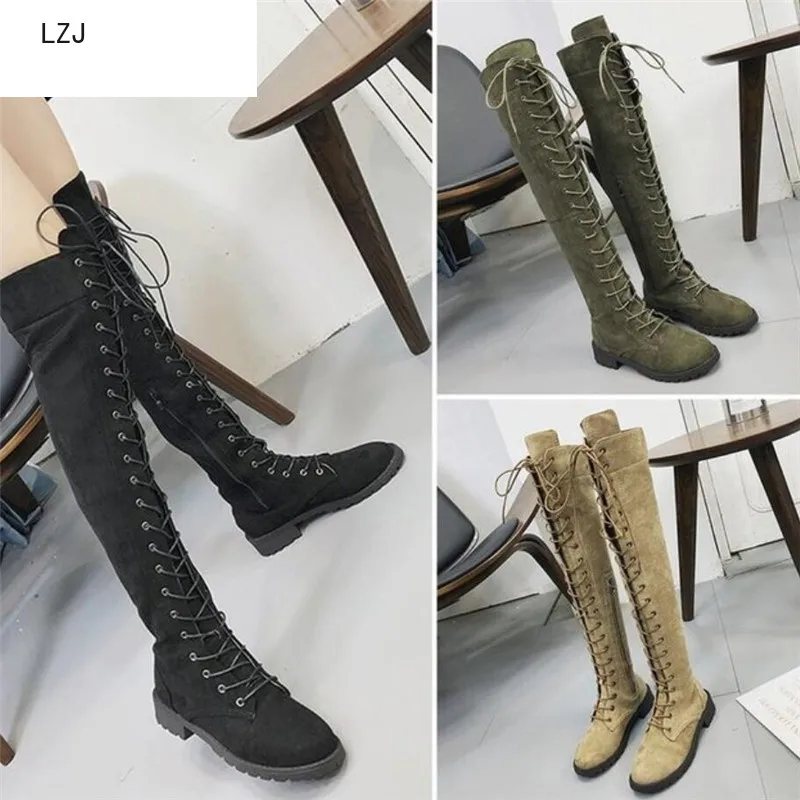 LZJ Lace Up Over Knee Boots Women rome Woman suede long botas mujer invierno 2019 Winter Thigh High | Обувь