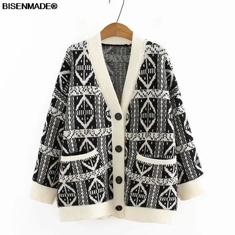 

Women Clothing Cardigan Plus Size 2021 Autumn Winter New Jumper Jacquard Contrast Color V-NECK Female Angola Knitted Sweater