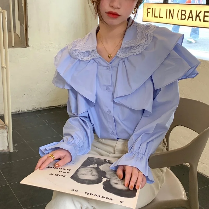 

Женские Плиссированные рубашки SuperAen в стиле ретро с рюшами и кружевным соединением, свободные рубашки с расклешенным рукавом и отложным во...